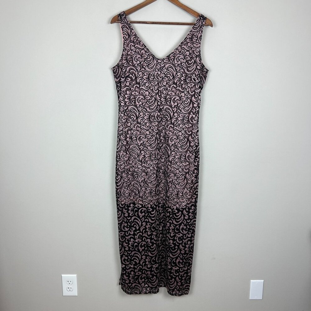 Sharagano Maxi Dress 12 Black Pink Lace‎ Whimsigoth Lined V-Neck Sheath Slit Zip